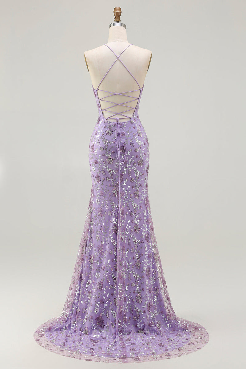 Load image into Gallery viewer, Sparkly Purple Mermaid Floral Long Prom Dress with Slit
