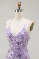 Load image into Gallery viewer, Sparkly Purple Mermaid Floral Long Prom Dress with Slit
