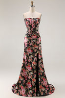 Load image into Gallery viewer, Black Pink Mermaid Flower Long Corset Prom Dress with Slit