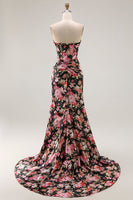 Load image into Gallery viewer, Black Pink Mermaid Flower Long Corset Prom Dress with Slit
