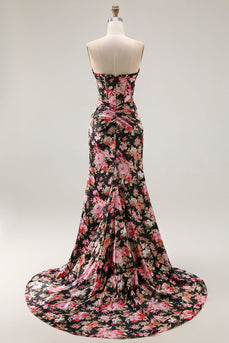 Black Pink Mermaid Flower Long Corset Prom Dress with Slit