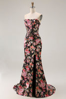 Load image into Gallery viewer, Black Pink Mermaid Flower Long Corset Prom Dress with Slit