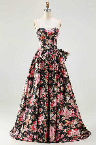 Black and Pink Strapless Floral Long Corset Prom Dress with Bow