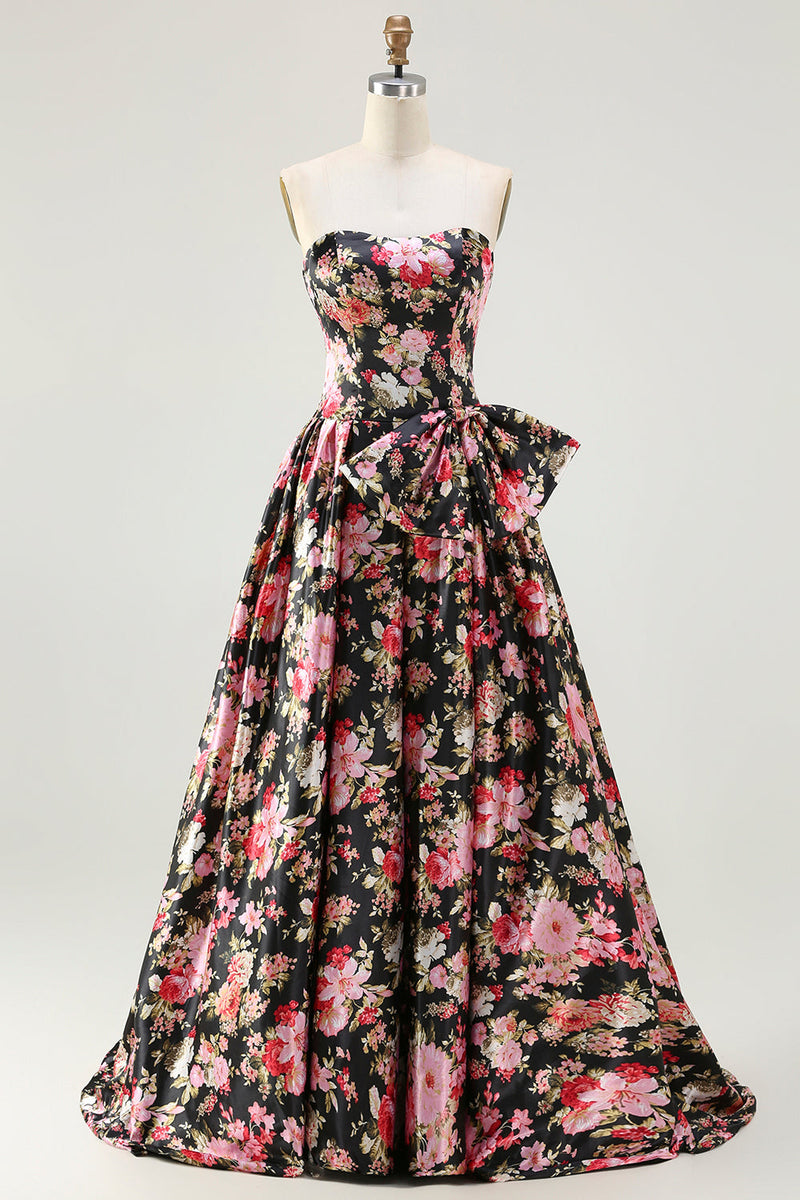 Load image into Gallery viewer, Black and Pink Strapless Floral Long Corset Prom Dress with Bow