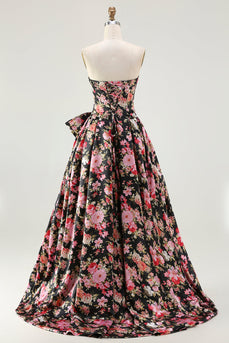 Black and Pink Strapless Floral Long Corset Prom Dress with Bow