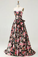 Load image into Gallery viewer, Black and Pink Strapless Floral Long Corset Prom Dress with Bow