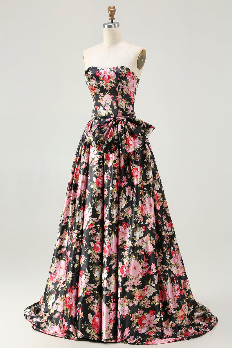 Load image into Gallery viewer, Black and Pink Strapless Floral Long Corset Prom Dress with Bow