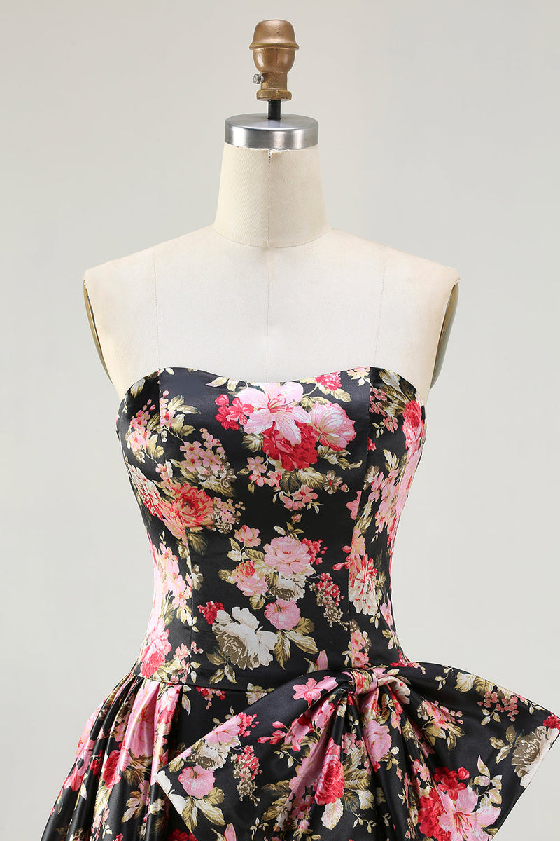 Load image into Gallery viewer, Black and Pink Strapless Floral Long Corset Prom Dress with Bow