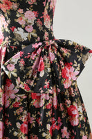Load image into Gallery viewer, Black and Pink Strapless Floral Long Corset Prom Dress with Bow
