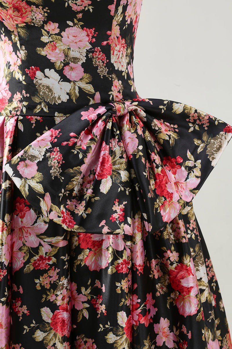 Load image into Gallery viewer, Black and Pink Strapless Floral Long Corset Prom Dress with Bow