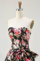 Load image into Gallery viewer, Black and Pink Strapless Floral Long Corset Prom Dress with Bow