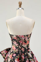 Load image into Gallery viewer, Black and Pink Strapless Floral Long Corset Prom Dress with Bow