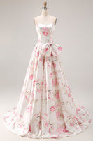 Load image into Gallery viewer, Black and Pink Strapless Floral Long Corset Prom Dress with Bow