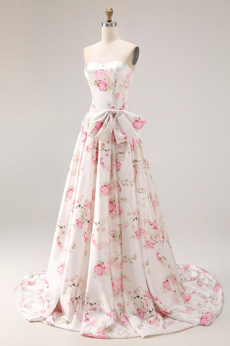 Load image into Gallery viewer, Black and Pink Strapless Floral Long Corset Prom Dress with Bow