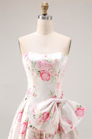 Load image into Gallery viewer, Black and Pink Strapless Floral Long Corset Prom Dress with Bow