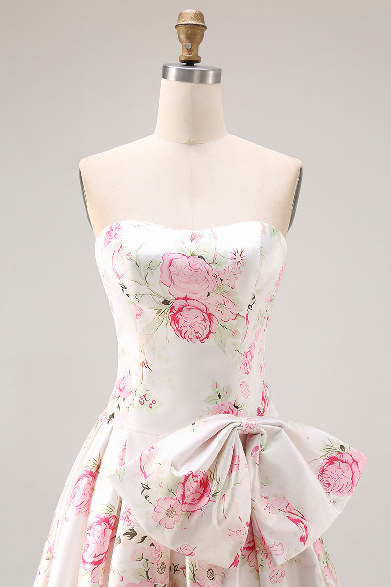Load image into Gallery viewer, Black and Pink Strapless Floral Long Corset Prom Dress with Bow