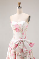 Load image into Gallery viewer, Black and Pink Strapless Floral Long Corset Prom Dress with Bow