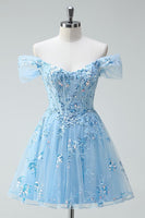 Load image into Gallery viewer, Sparkly Floral Sky Blue A Line Tulle Short Corset Homecoming Dress with Appliques