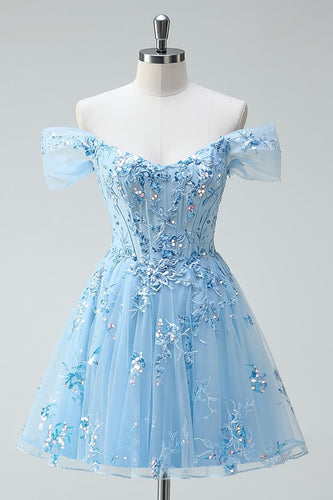 Sparkly Floral Sky Blue A Line Tulle Short Corset Homecoming Dress with Appliques