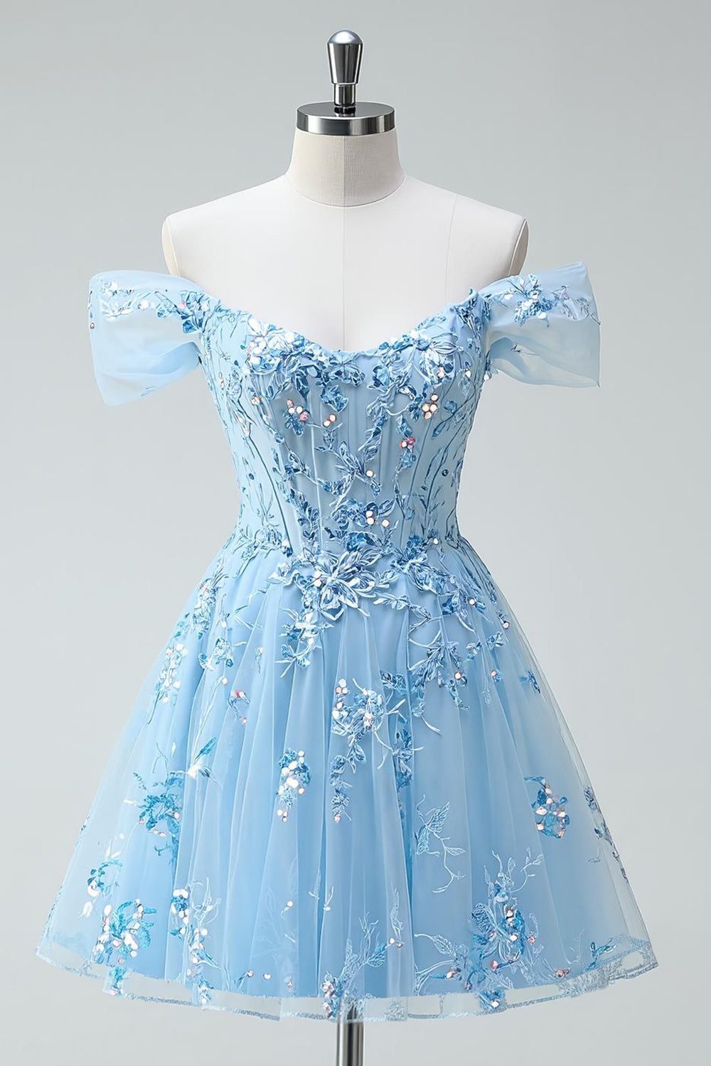 Sparkly Floral Sky Blue A Line Tulle Short Corset Homecoming Dress with Appliques