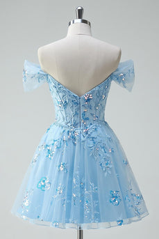 Sparkly Floral Sky Blue A Line Tulle Short Corset Homecoming Dress with Appliques