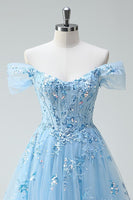 Load image into Gallery viewer, Sparkly Floral Sky Blue A Line Tulle Short Corset Homecoming Dress with Appliques