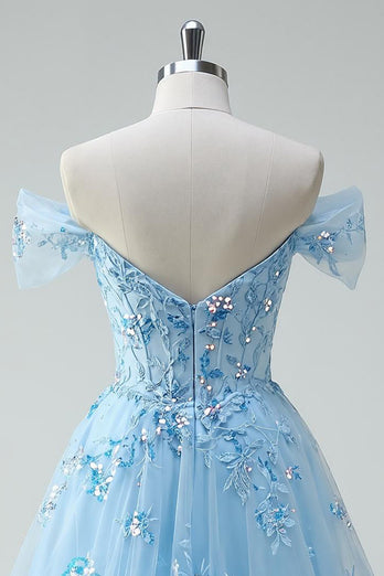 Sparkly Floral Sky Blue A Line Tulle Short Corset Homecoming Dress with Appliques