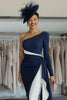 Load image into Gallery viewer, White Navy Satin One Shoulder Midi Mother of the Bride Dress with Side Cape