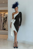 Load image into Gallery viewer, Black and White One Shoulder Midi Mother of the Bride Dress with Bow