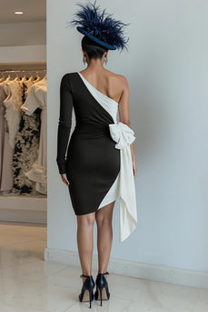 Black and White One Shoulder Midi Mother of the Bride Dress with Bow