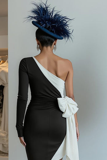 Black and White One Shoulder Midi Mother of the Bride Dress with Bow