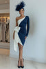 Load image into Gallery viewer, Black and White One Shoulder Midi Mother of the Bride Dress with Bow