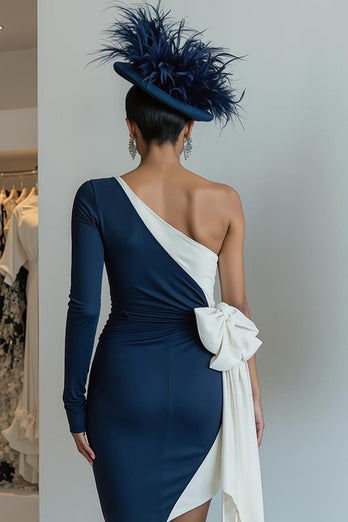 Black and White One Shoulder Midi Mother of the Bride Dress with Bow