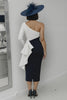 Load image into Gallery viewer, Black and White Sheath One Shoulder Midi Mother of the Bride Dress with Ruffles
