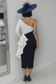 Black and White Sheath One Shoulder Midi Mother of the Bride Dress with Ruffles