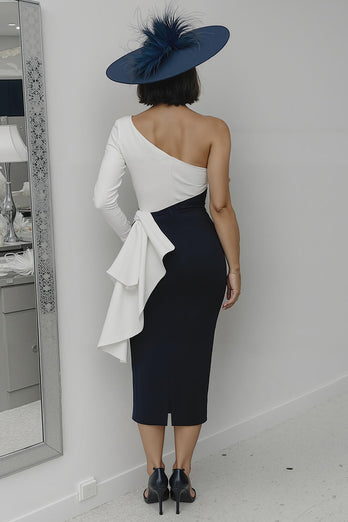 Black and White Sheath One Shoulder Midi Mother of the Bride Dress with Ruffles