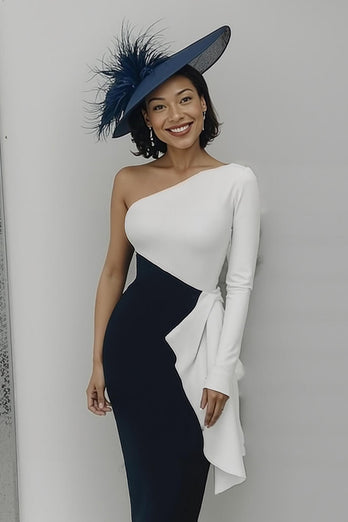 Black and White Sheath One Shoulder Midi Mother of the Bride Dress with Ruffles