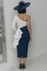 Load image into Gallery viewer, Black and White Sheath One Shoulder Midi Mother of the Bride Dress with Ruffles