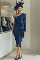 Load image into Gallery viewer, Navy Draped One Shoulder Sheath Midi Mother of the Bride Dress with Sash