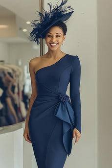 Navy Draped One Shoulder Sheath Midi Mother of the Bride Dress with Sash