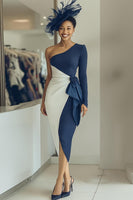 Load image into Gallery viewer, Navy Draped One Shoulder Sheath Midi Mother of the Bride Dress with Sash