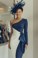 Load image into Gallery viewer, Navy Draped One Shoulder Sheath Midi Mother of the Bride Dress with Sash