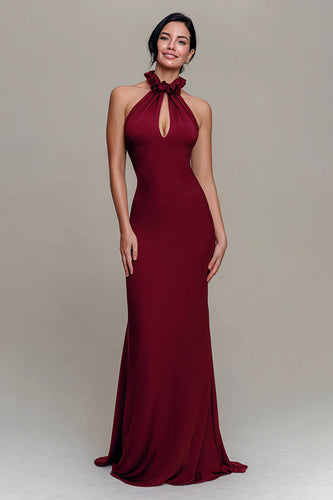Burgundy Mermaid High Neck Backless Long Formal Dress