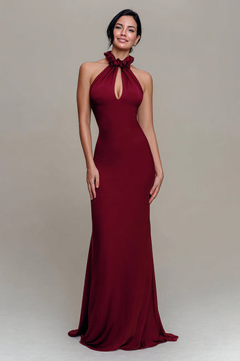 Burgundy Mermaid High Neck Backless Long Formal Dress