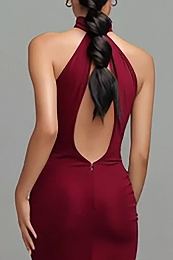 Burgundy Mermaid High Neck Backless Long Formal Dress