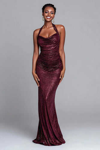 Sparkly Burgundy Mermaid Sequin Ruched Halter Long Holiday Party Dress