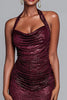 Load image into Gallery viewer, Sparkly Burgundy Mermaid Sequin Ruched Halter Long Holiday Party Dress