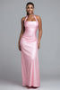 Load image into Gallery viewer, Simple Pink Satin Mermaid Ruched Halter Long Formal Dress