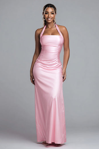 Simple Pink Satin Mermaid Ruched Halter Long Formal Dress