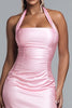 Load image into Gallery viewer, Simple Pink Satin Mermaid Ruched Halter Long Formal Dress